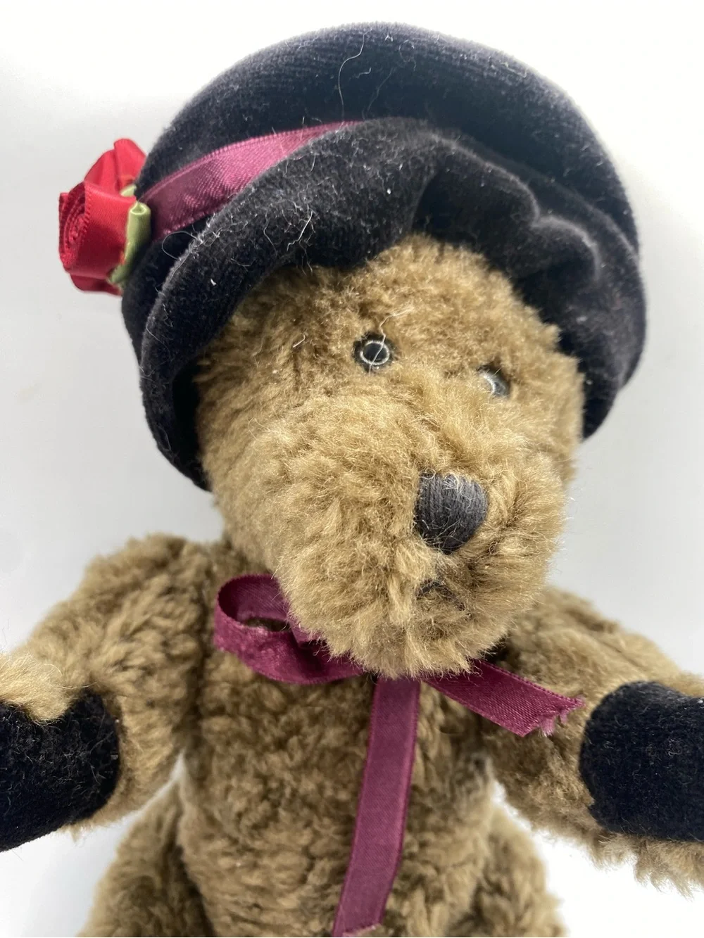 Boyds Bears Brown Plush Teddy with Black Accents and Burgundy Bow